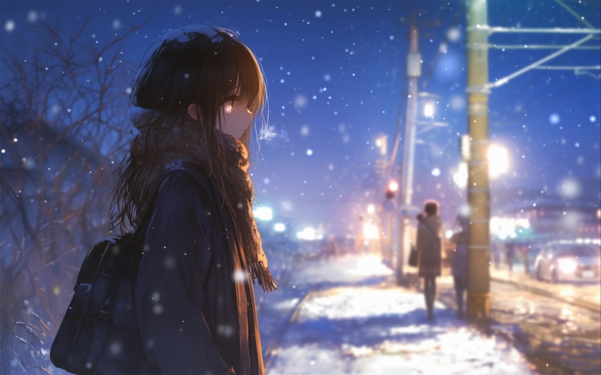 女孩围巾 雪夜街4K动漫壁纸3840×2400