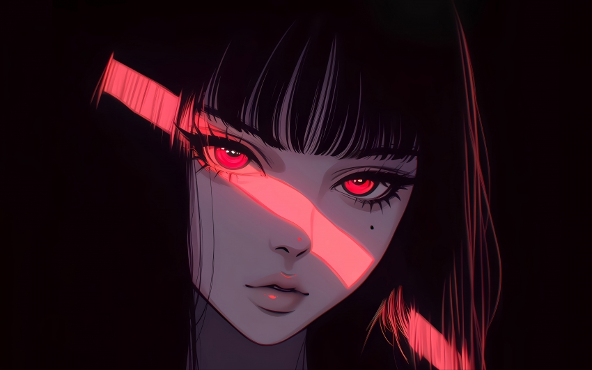 红眼少女 红色光 暗黑系 4K动漫壁纸 3840×2400
