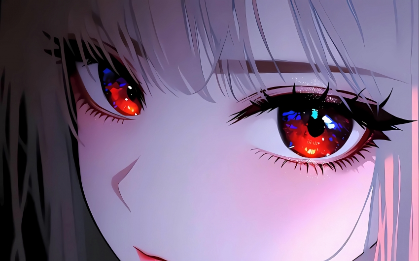 红蓝色大眼睛动漫女孩 4K壁纸 3840×2400