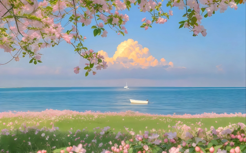 海边 鲜花 唯美风景 4K壁纸 3840×2400