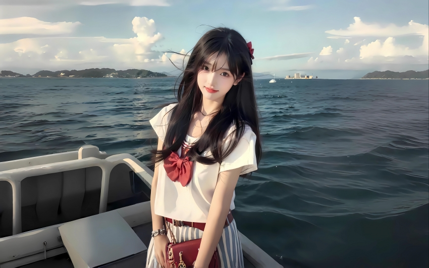 海上 船 可爱女生长发 4K壁纸全屏 3840×2400