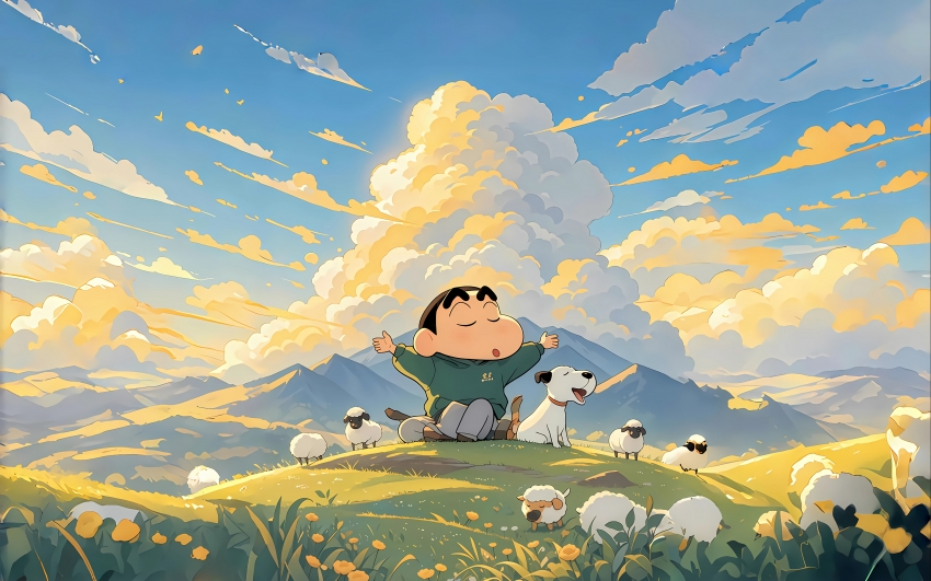 蜡笔小新 可爱小狗 小绵羊 草地 3840×2400电脑壁纸4K