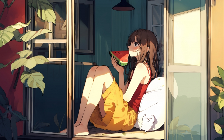 夏天 坐在地板上的可爱女生 西瓜 4K动漫壁纸 3840×2400