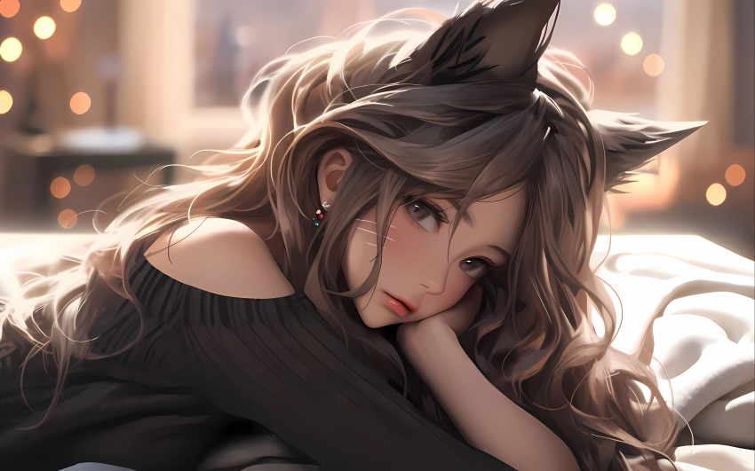 猫耳朵动漫女孩 一手托腮 4K壁纸 3840×2400