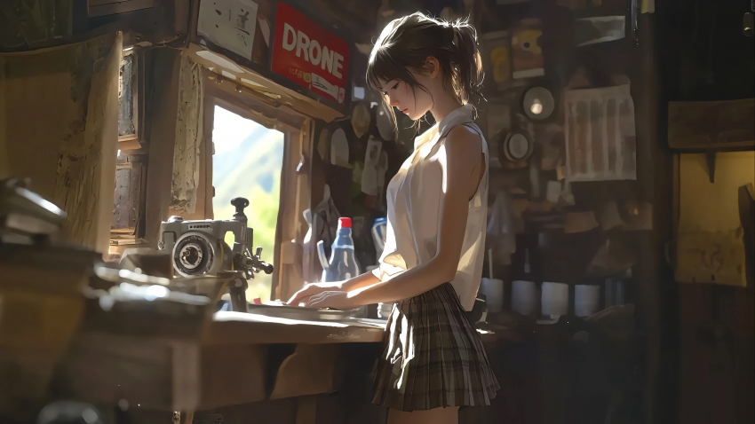 复古风 缝纫机 动漫女孩 4K壁纸 3840×2160