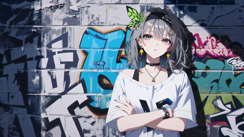 少女 涂鸦墙背景图片 潮流插画 4K壁纸 3840×2160