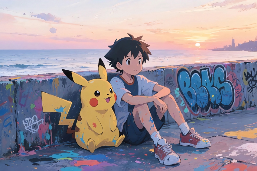 皮卡丘 小智 海边 涂鸦墙 4K壁纸 3840×2560