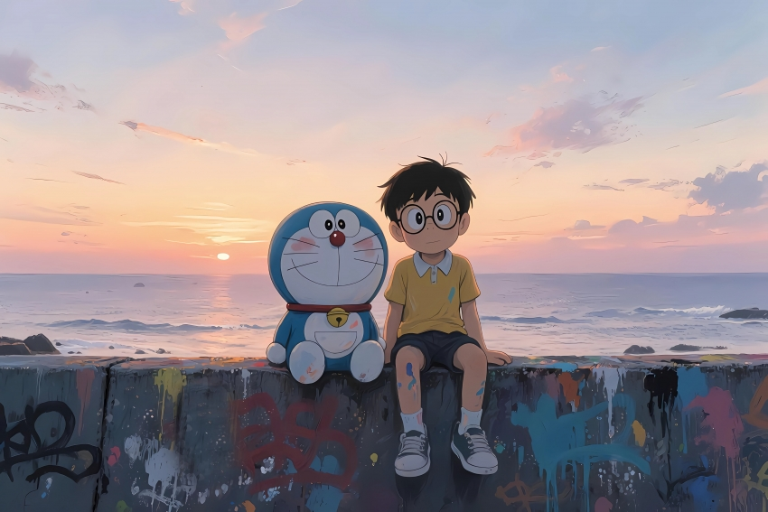哆啦a梦 大雄 海边 涂鸦 4K动漫壁纸 3840×2560