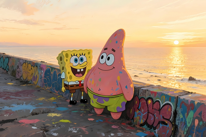 海绵宝宝 涂鸦 海边 4K壁纸 3840×2560