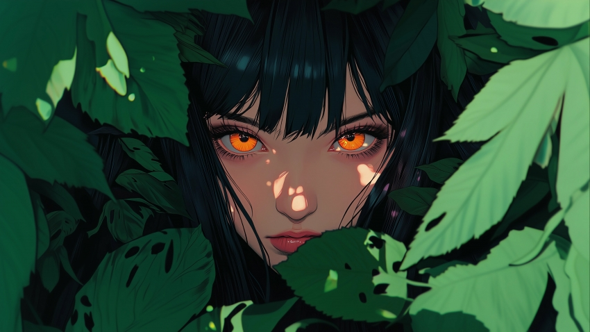 绿叶丛中女孩 4K动漫壁纸 3840×2160