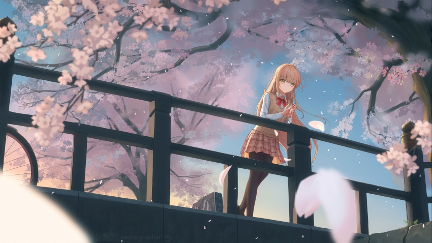 动漫少女 樱花 栏杆 花瓣 风景 4K壁纸 3840×2160