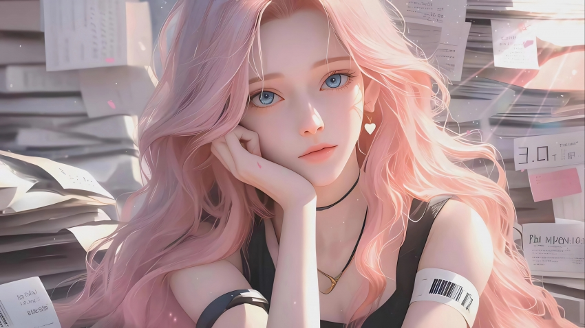 报纸墙 粉红女孩 爱心耳环 4k动漫壁纸3840×2160