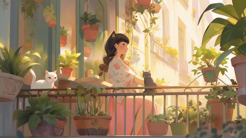 少女 猫 绿色盆栽 4k动漫壁纸 3840×2160