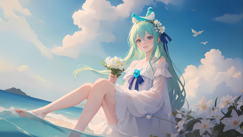 海边 海水 女孩 鲜花 小鸟 4k动漫壁纸3840×2160