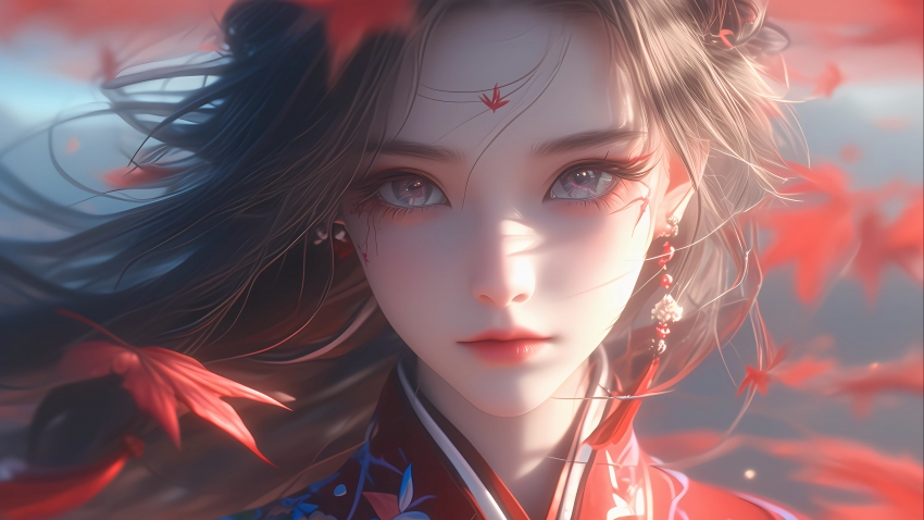 枫叶 古风动漫美女4k壁纸3840×2160