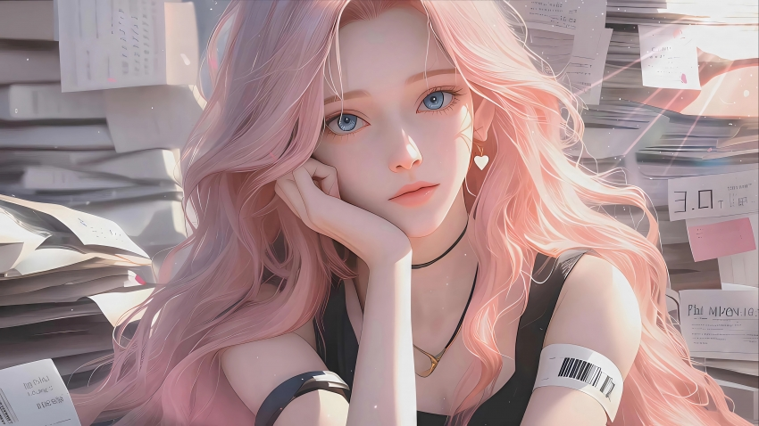 萨勒芬妮 一手托腮 报纸 4K壁纸 3840×2160