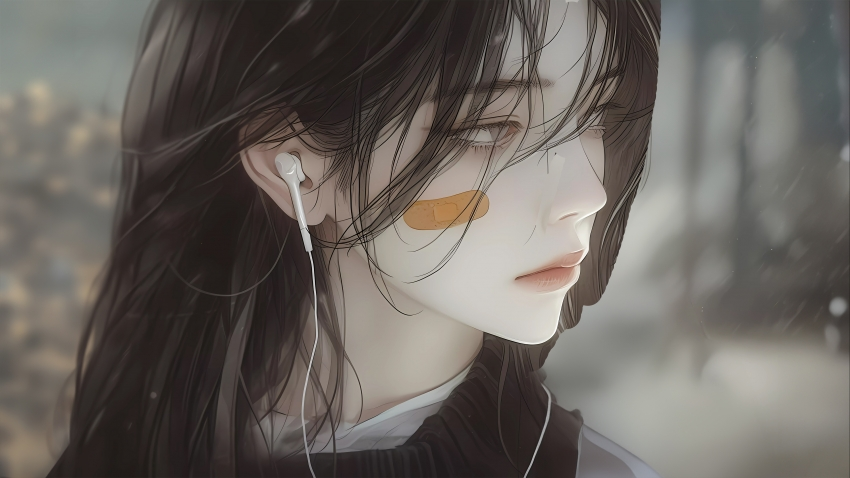 动漫女孩 听音乐 侧脸 4k壁纸3840×2160