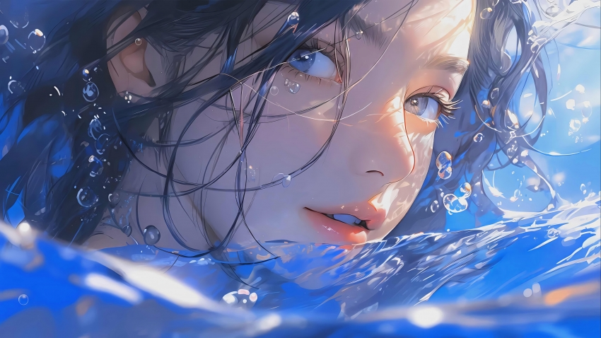 水中蓝色眼睛少女 4k动漫壁纸 3840×2160