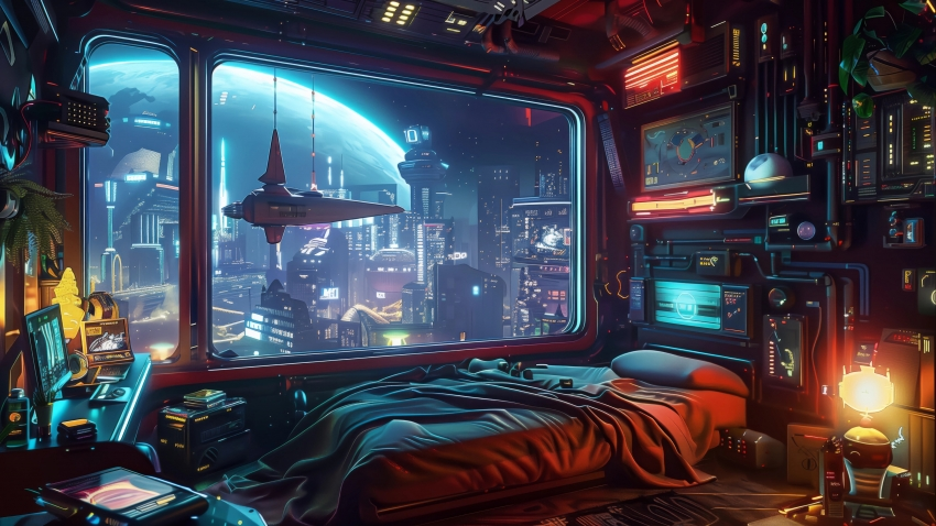 赛博朋克 室内 床 窗户 4k电脑壁纸 3840×2160