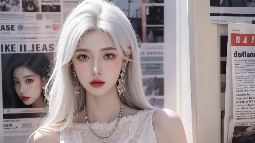 丁一 报纸墙 漂亮女孩 白色长发 4k壁纸 3840×2160