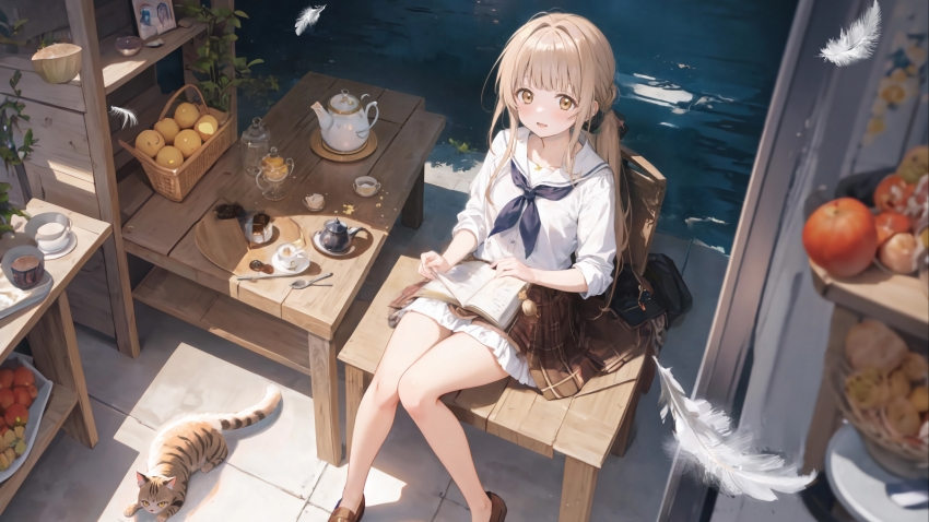 夏天 屋子 可爱小女孩 书 小猫 4k壁纸 3840×2160