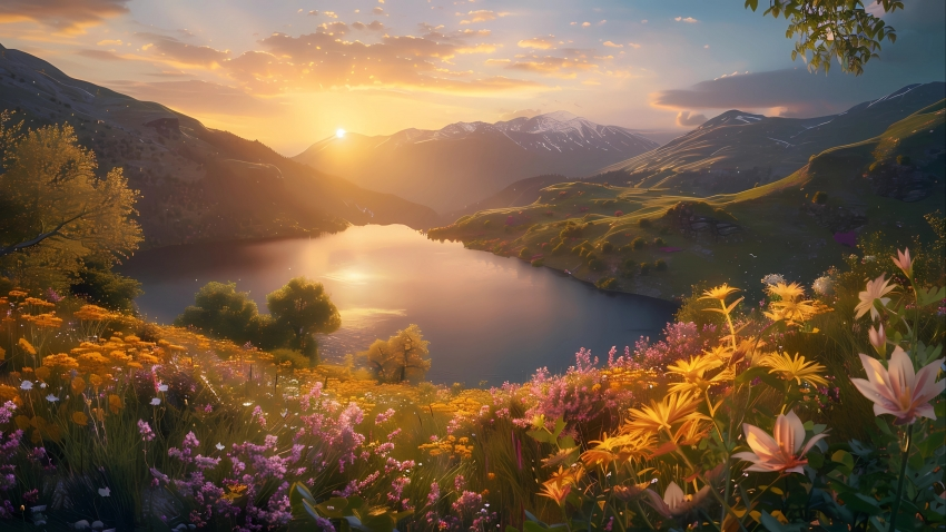 静谧 高山 湖泊 鲜花 漂亮风景 4k壁纸 3840×2160