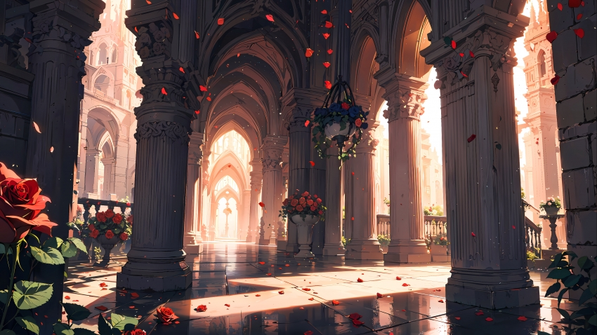 城堡 走廊 玫瑰花 花瓣 4k风景壁纸3840×2160