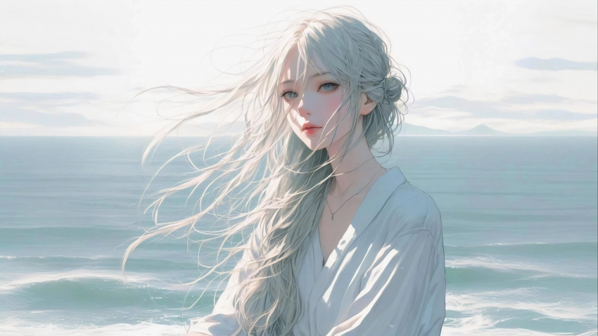 海边少女 长发 白色衣服 唯美 好看 4k壁纸 3840×2160