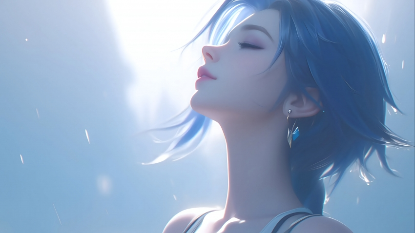 蓝色头发美女 闭眼 唯美 侧脸 4k壁纸 3840×2160